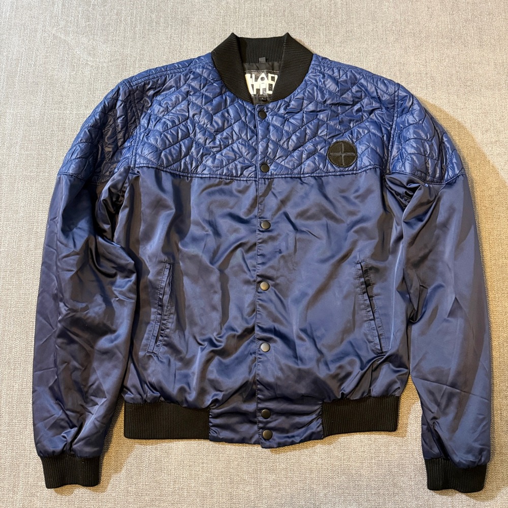 Black Apple‎ Bomber Jacket Quilted Satin Blue Large Snap Front Casual Outerwear